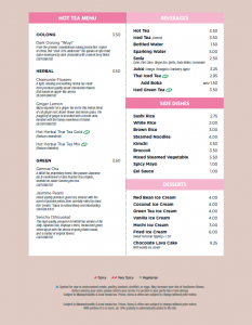 Tea, Beverages, Side Dishes, Desserts